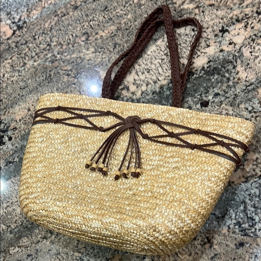 Natural Straw Tote with Brown Trim and Bead Tassels